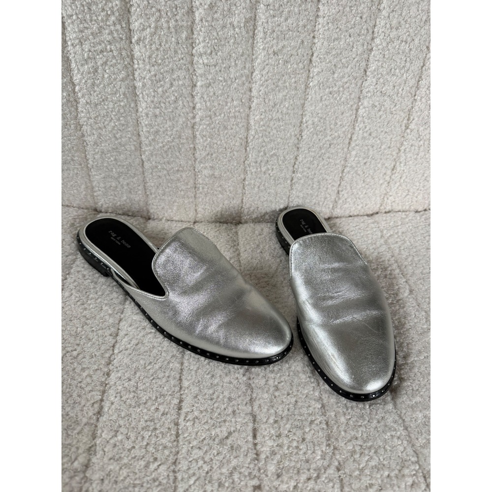 Rag & Bone Silver Metallic Leather Studded Mules Flats 6.5